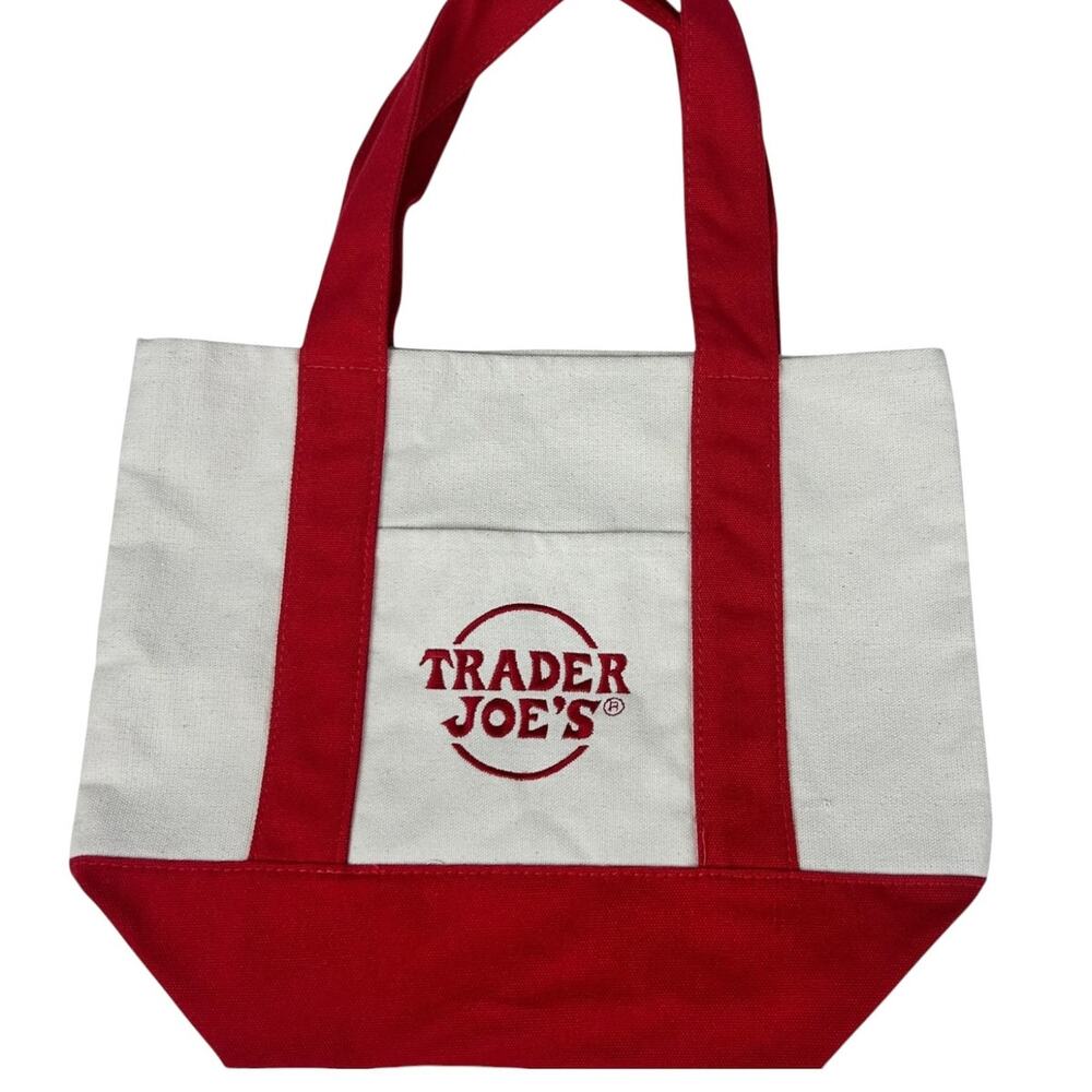 Trader Joes Red Trim Logo Embroidered Tote Bag - Picture 2 of 5